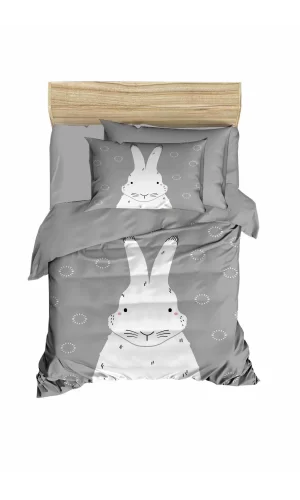Yenidoğan Kız / Erkek Unisex Bebek Nevresim Takımı &#37;100 Pamuklu Gri Tavşan