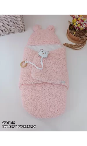 Yenidoğan Kulaklı Şapkalı Açılır Kucaklı Cırt Kapamalı Bebek Battaniyesi Kundak Pembe