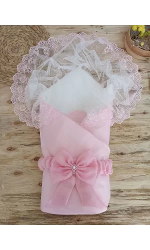 Luz&Pos Yenidoğan Kumru İnci Fiyonk Kristal Parlak Duvaklı Kundak Bebek Battaniyesi Pembe