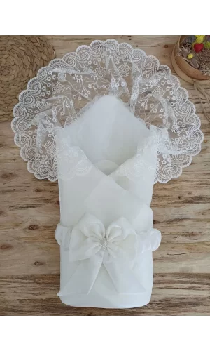 Luz&Pos Yenidoğan Kumru İnci Fiyonk Kristal Parlak Duvaklı Kundak Bebek Battaniyesi Ekru