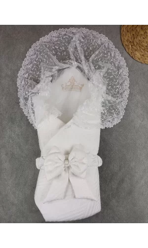 Luz&Pos Yenidoğan Kumru Plazma Taçlı Lüks Kundak Bebek Battaniyesi Ekru