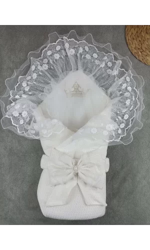 Luz&Pos Yenidoğan Kumru Soft Cotton Taç Nakışlı Trilüks Kundak Bebek Battaniyesi Ekru