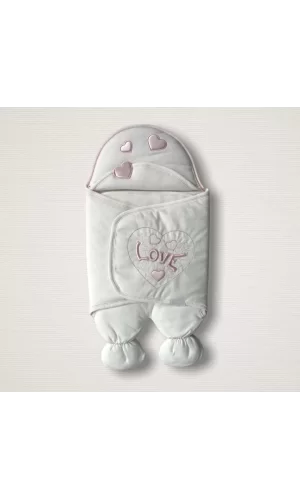 Luz&Pos Yenidoğan Lüks Üç Kalp Love Nakışlı Kız Bebek Ayaklı Kundak Bebek Battaniyesi Ekru