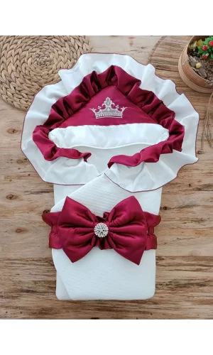 Luz&Pos Yenidoğan Mehtap Lüks Kelebek Taç Nakışlı Bebek Battaniyesi Kundak Bordo