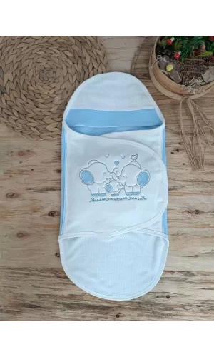 Yenidoğan Mutlu Fil Ailesi Nakışlı Çıt Çıt Kapamalı Bebek Kundak Ekru-mavi