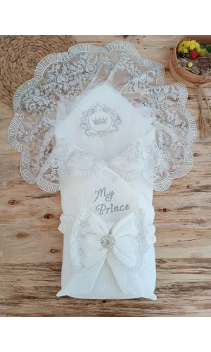 Luz&Pos Yenidoğan Pamuk Taç Benim Prensim Nakışlı Trilüks Kundak Bebek Battaniyesi Ekru