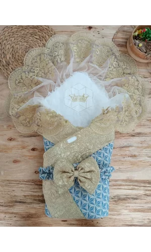 Luz&Pos Yenidoğan Piramit Desenli Güpür İşlemeli Bebek Battaniyesi Kundak Gold