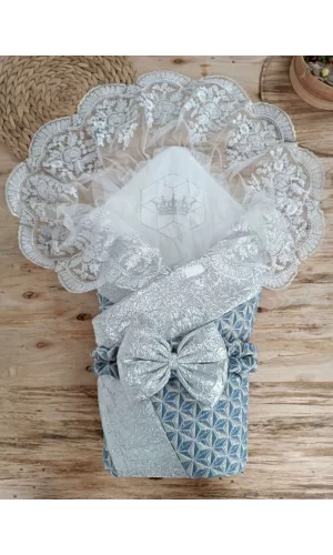 Luz&Pos Yenidoğan Piramit Desenli Güpür İşlemeli Bebek Battaniyesi Kundak Gümüş