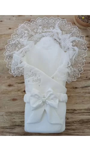 Luz&Pos Yenidoğan Sahra Lucky Baby Nakışlı Kundak Bebek Battaniyesi Ekru