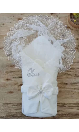 Luz&Pos Yenidoğan Sahra My Prince Nakışlı Lüks Kundak Bebek Battaniyesi Ekru