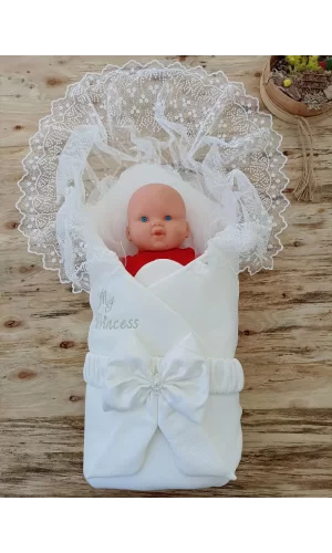 Luz&Pos Yenidoğan Sahra My Princess Nakışlı Lüks Kundak Bebek Battaniyesi Ekru