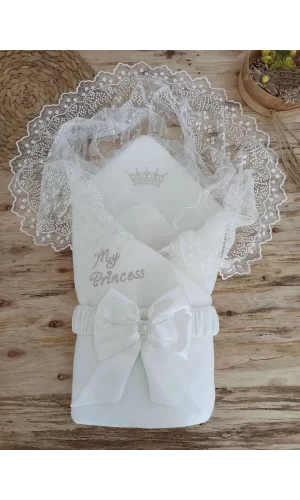 Luz&Pos Yenidoğan Sahra Taç Benim Prensesim Nakışlı Kundak Bebek Battaniyesi Ekru