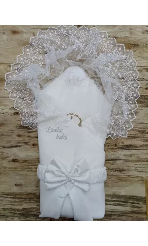Luz&Pos Yenidoğan Sahra Taç Lucky Baby Nakışlı Kumru Kundak Bebek Battaniyesi Ekru