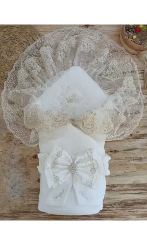 Luz&Pos Yenidoğan Sahra Taç Nakışlı Plazma Taşlı Güpürlü Fiyonklu Duvaklı Trilüks Kundak Bebek Battaniyesi Ekru