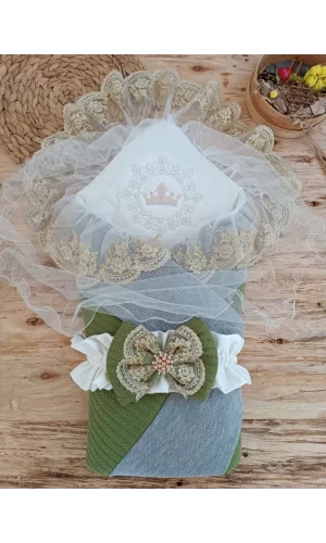 Luz&Pos Yenidoğan Teri Cotton Taç Nakışlı Prizma Taş Kundak Bebek Battaniyesi Yeşil