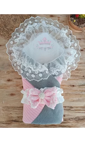 Luz&Pos Yenidoğan Teri Cotton Taç Nakışlı Prizma Taş Kundak Bebek Battaniyesi Pembe
