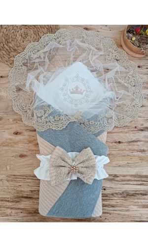 Luz&Pos Yenidoğan Teri Cotton Taç Nakışlı Prizma Taş Kundak Bebek Battaniyesi Bej