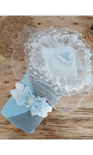 Luz&Pos Yenidoğan Teri Cotton Taç Nakışlı Prizma Taş Kundak Bebek Battaniyesi Mavi