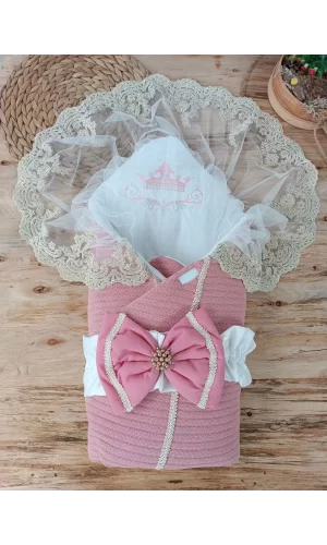 Luz&Pos Yenidoğan Tericotton Örgülü Trilüx Bebek Battaniyesi Kundak Gül Kurusu
