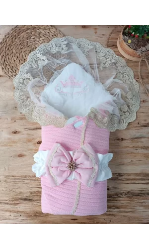 Luz&Pos Yenidoğan Tericotton Örgülü Trilüx Bebek Battaniyesi Kundak Pembe