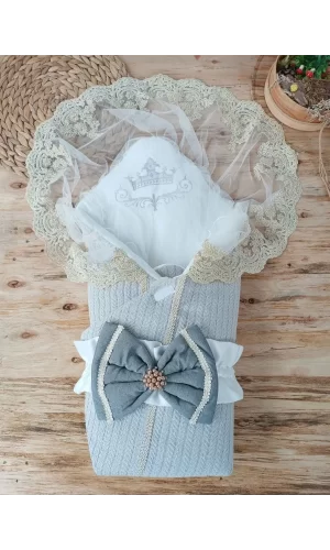 Luz&Pos Yenidoğan Tericotton Örgülü Trilüx Bebek Battaniyesi Kundak Gri