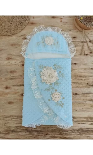 Luz&Pos Yenidoğan Topçikli Gül Bahçesi Tül Örtülü Kız Erkek Bebek Klasik Kundak Bebek Battaniyesi Mavi