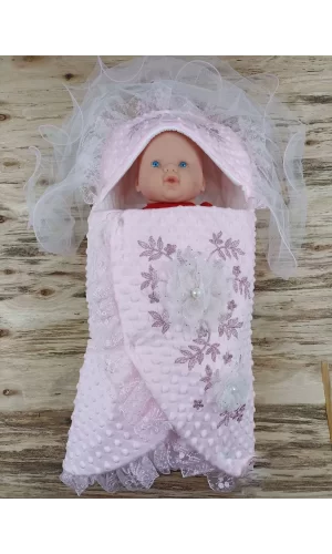 Luz&Pos Yenidoğan Topçikli Gül Bahçesi Tül Örtülü Kız Erkek Bebek Klasik Kundak Bebek Battaniyesi Pembe