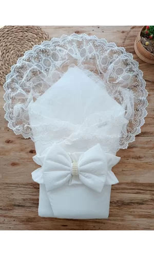 Luz&Pos Yenidoğan Yakamoz Kumru Model Dantelli Taşlı Fiyonk Bebek Battaniyesi Kundak Ekru