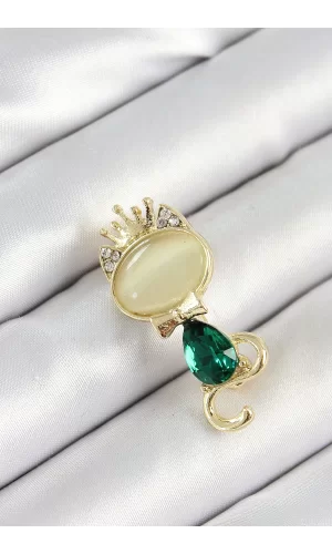 Yeşil Damla Zirkon Taşlı Kraliçe Taçlı Kedi Figürlü Gold Renk Kadın Broş