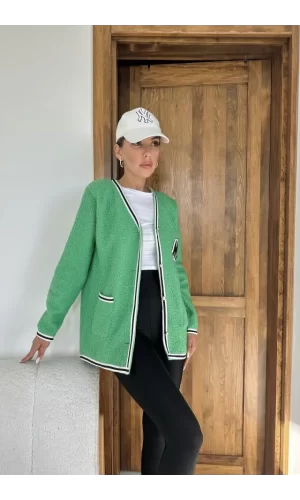 Yeşil Şeritli Bukle Hırka