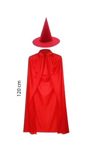 Yetişkin Boy 120 Cm Kırmızı Yakalı Pelerin Ve Kırmızı Cadı Şapkası
