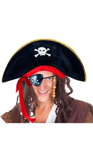 Yetişkin Boy Kadife Kaptan Jack Sparrow Korsan Şapkası Ve Plastik Korsan Göz Maskesi