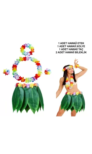 Yetişkin Hawaii Kostüm Seti - Yaprak Etek  Hawaii Set - 5 Parça