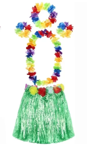 Yetişkin Ve Çocuk Uyumlu Luau Aloha Hawaii Yeşil Etek Ve Renkli Kolye Taç 2 Adet Bileklik Seti