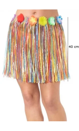 Yetişkin Ve Çocuk Uyumlu Rengarenk Püsküllü Hawaii Luau Hula Etek 40 Cm