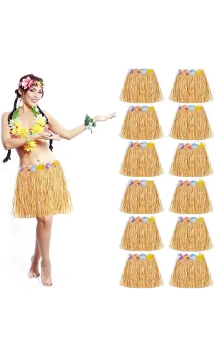 Yetişkin ve Çocuk Uyumlu Saman Renk Hawaii Etek 12 Adet