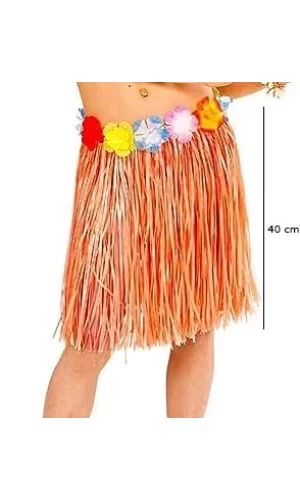 Yetişkin Ve Çocuk Uyumlu Turuncu Renk Püsküllü Hawaii Luau Hula Etek 40 Cm