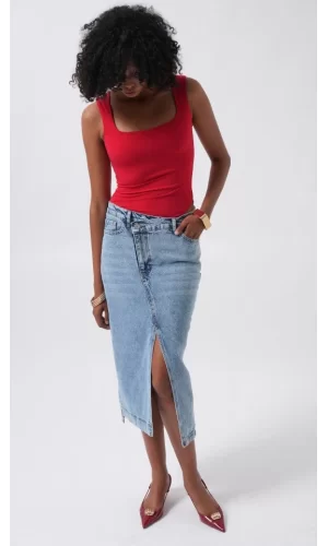 Yırtmaç Detay Denim Midi Etek