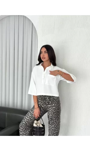 Luz&Pos Z Krep Kadın Crop Yakalı Gömlek İlik Düğmeli Üç Çeyrek Sleeve Kol - Beyaz