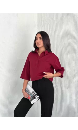 Luz&Pos Z Krep Kadın Crop Yakalı Gömlek İlik Düğmeli Üç Çeyrek Sleeve Kol - Bordo