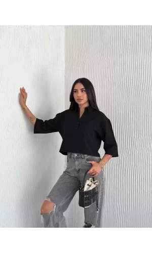 Luz&Pos Z Krep Kadın Crop Yakalı Gömlek İlik Düğmeli Üç Çeyrek Sleeve Kol - Siyah