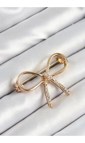 Zirkon Taş Detaylı 3D Fiyonk Figürlü Gold Renk Kadın Broş