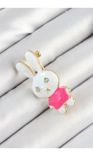 Zirkon Taş Detaylı Beyaz Ve Pembe 3D Tavşan Figürlü Kadın Broş
