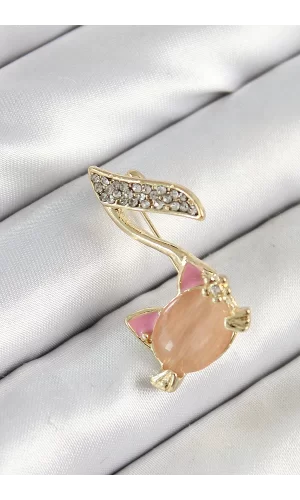 Zirkon Taşlı 3D Kedi Detaylı Nota Figürlü Gold Renk Kadın Broş
