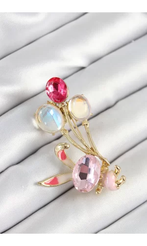 Zirkon Taşlı  Balonlu Pembe Tavşan Figürlü Gold Renk Kadın Broş