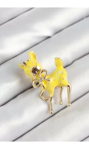 Zirkon Taşlı Fiyonk Detaylı 3D Sarı Ceylan Figürlü Gold Renk Kadın Broş