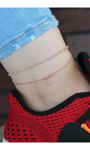 Zirkon Taşlı Rose Renk Kaplama Çift Zincirli Hal Hal