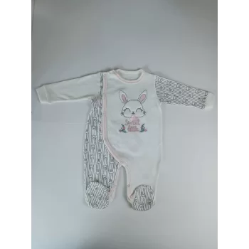 Luz&Pos 0-3 3-6 Ay Minik Tavşan Nakışlı Boydan Çıtçıt Kapamalı Kız Erkek Bebek Tulumu Ekru