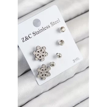 316L Çelik Zirkon Taşlı Kar Tanesi Model Gümüş Renk Kadın Set Küpe