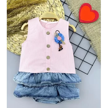 Luz&Pos 6-9-12-18 Ay Gül Rozet Detaylı Kot Kilotlu Etek Kız Bebek Elbisesi Pembe